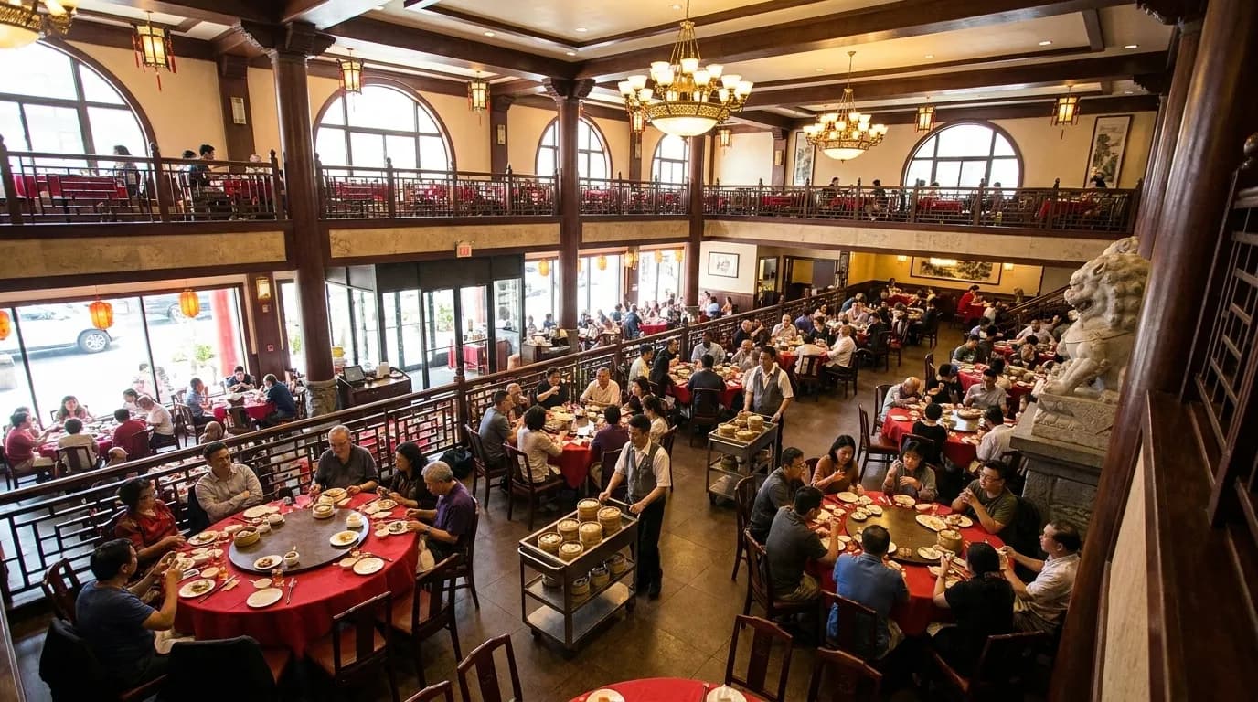 Large banquet hall interior of Jing Fong dim sum restaurant in Chinatown