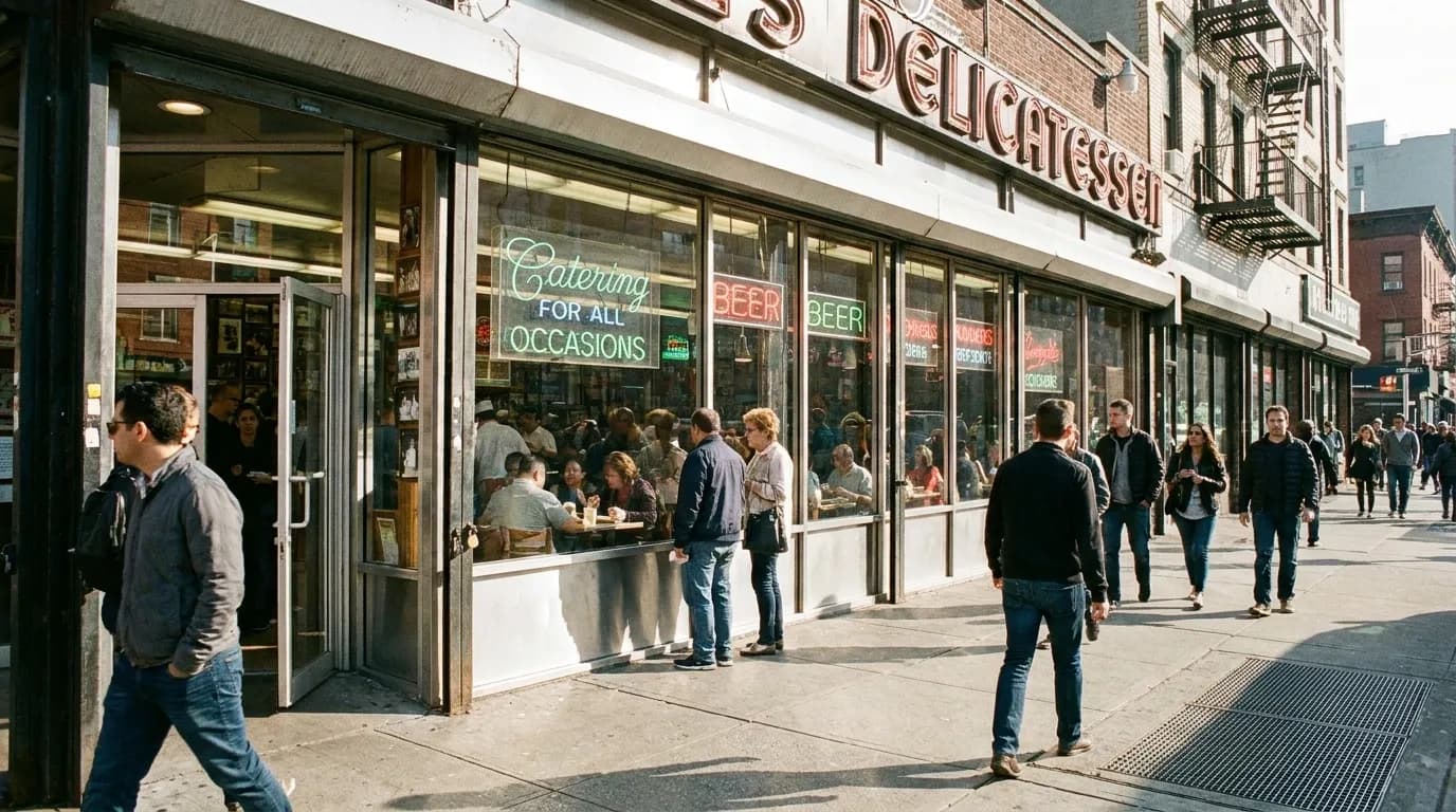 Katz's Delicatessen storefront on Houston Street with its iconic red and white signage