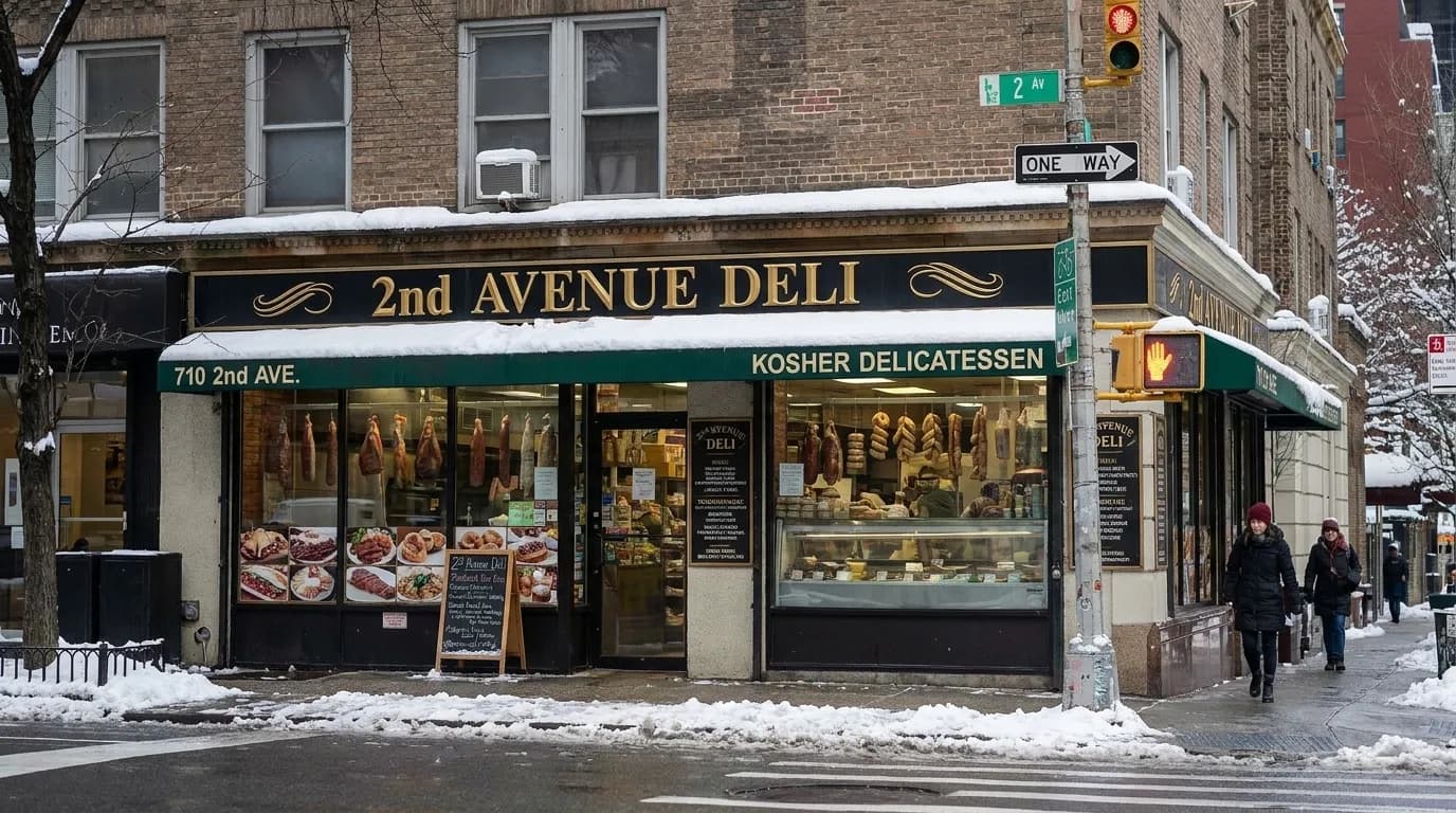 2nd Avenue Deli exterior in Midtown Manhattan with classic deli signage