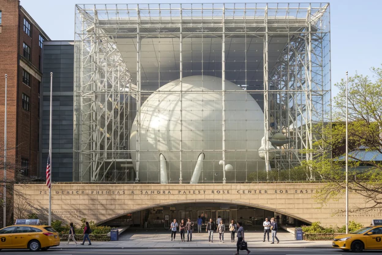 A science museum's glass sphere center exterior