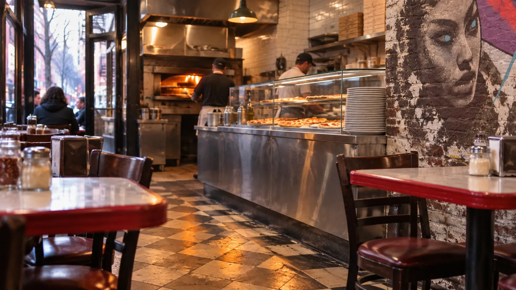 Wide low-angle view inside Scarr's Pizza, showing the stainless counter, pale tiles, red-edged tables, plates, oven light, and checkerboard floor.