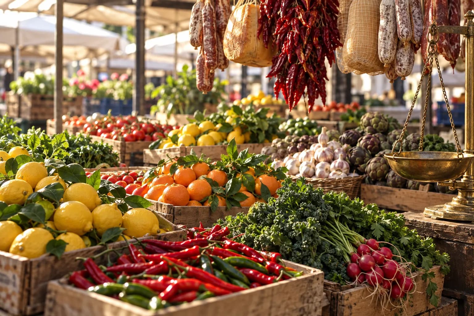 A market counter with fresh produce and hanging goods under natural light