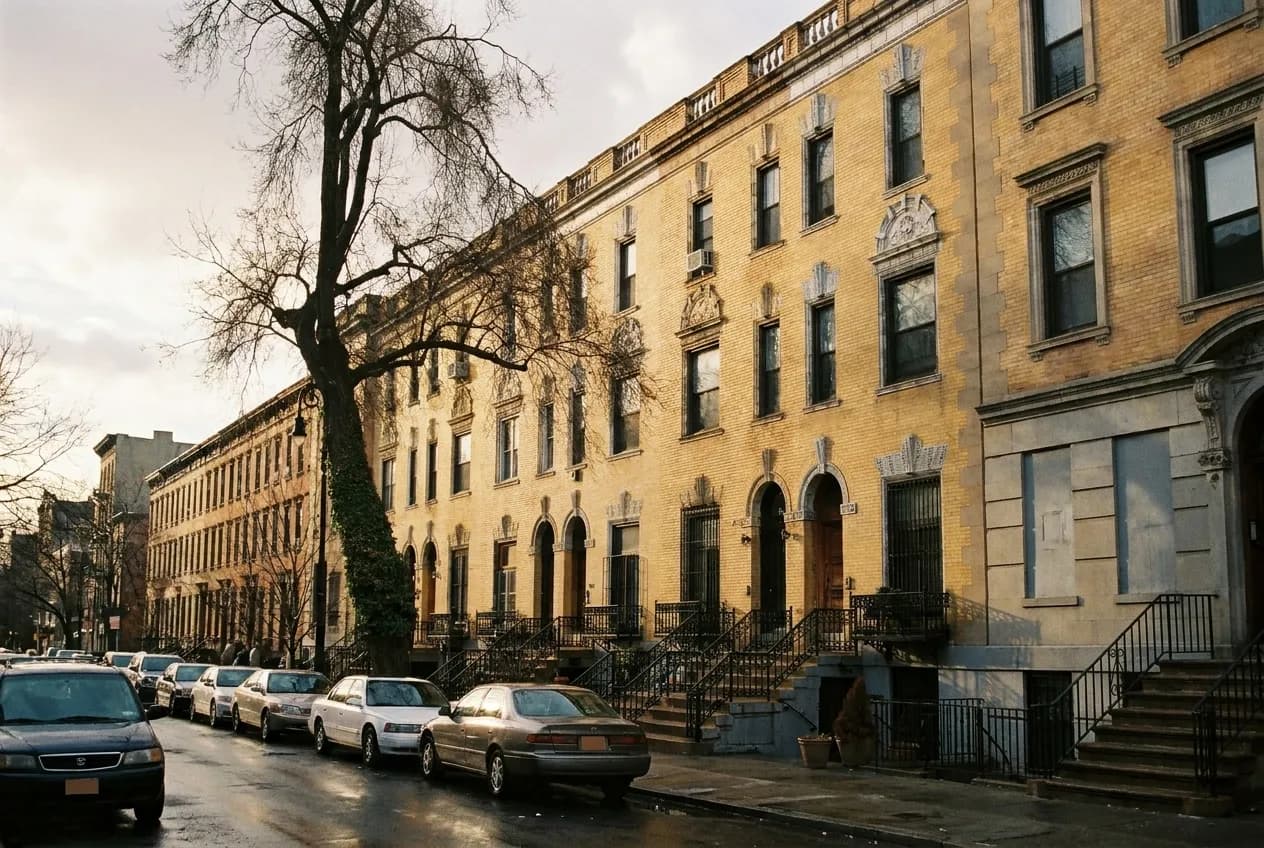 A wide Harlem avenue in late afternoon, brownstone stoops running north under low sun
