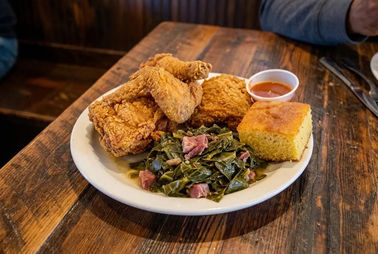 A plate of fried chicken with greens and cornbread on a worn diner table