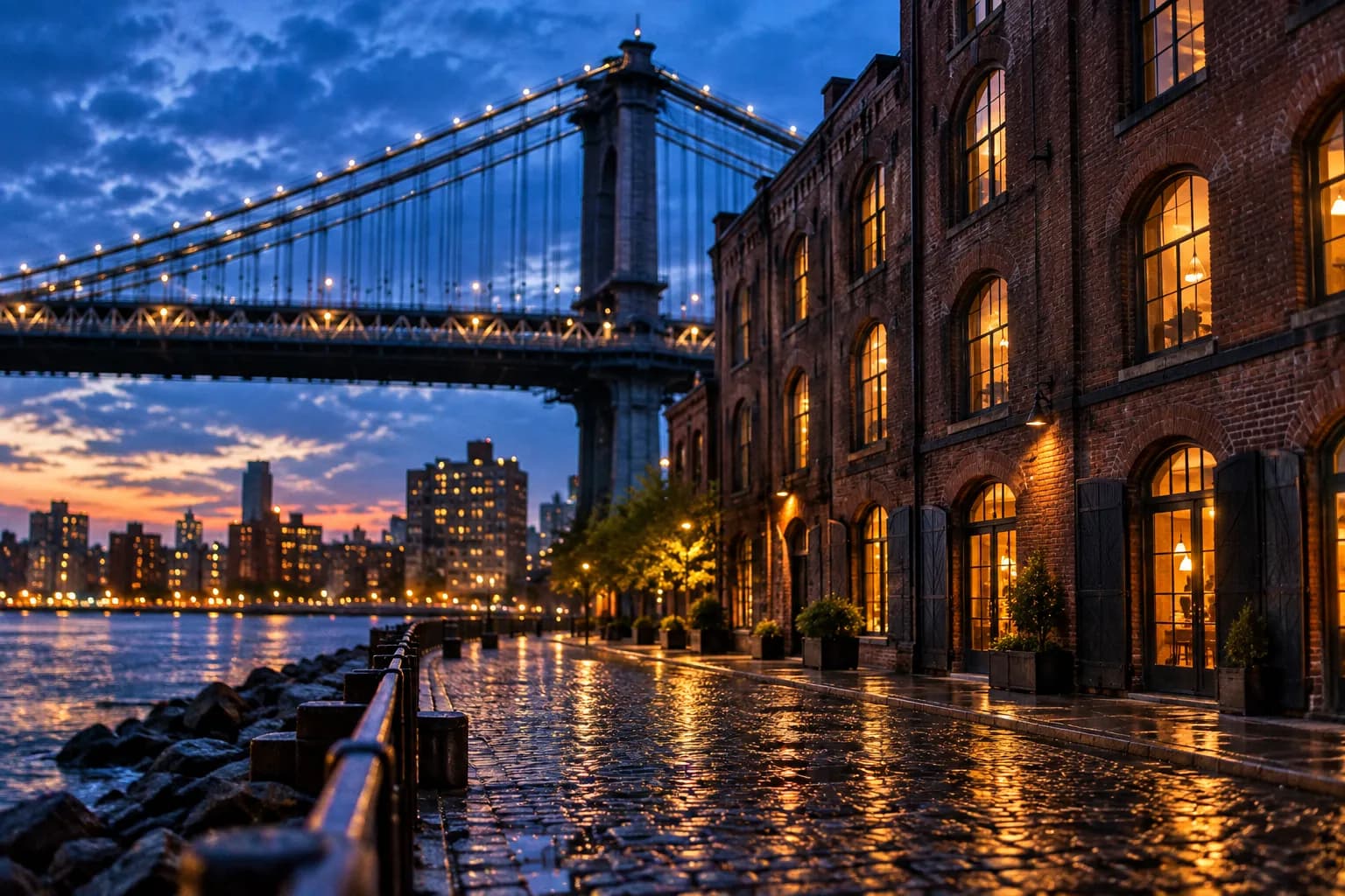 A brick waterfront warehouse building beneath a large bridge at dusk