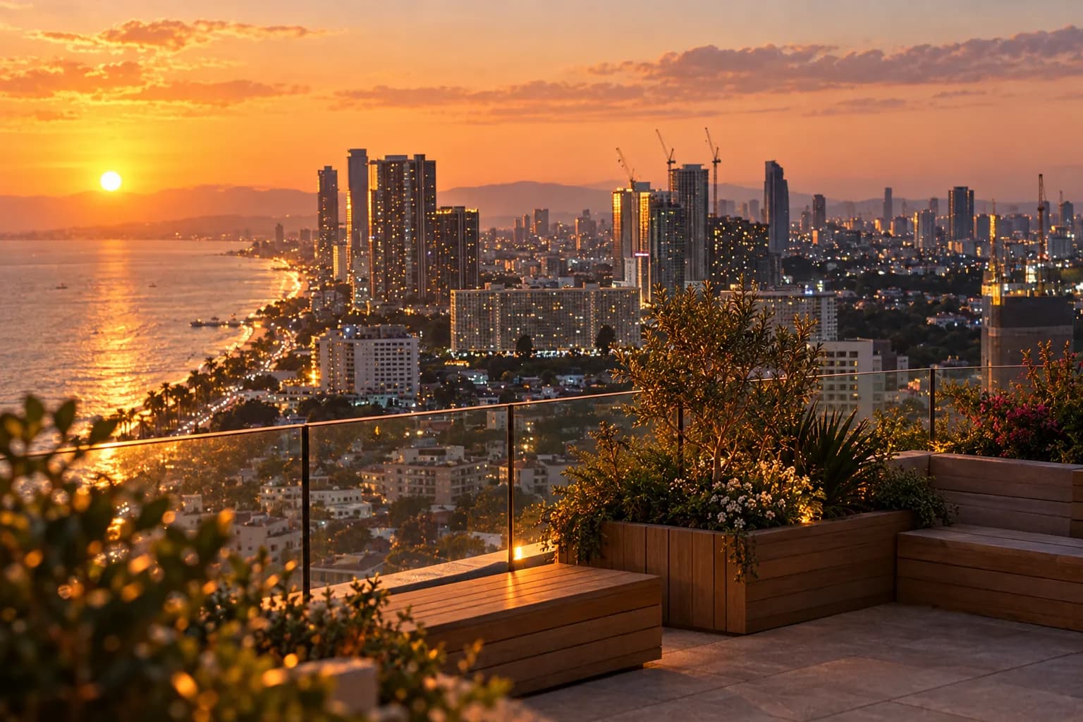 A rooftop terrace looking across water to a city skyline at sunset
