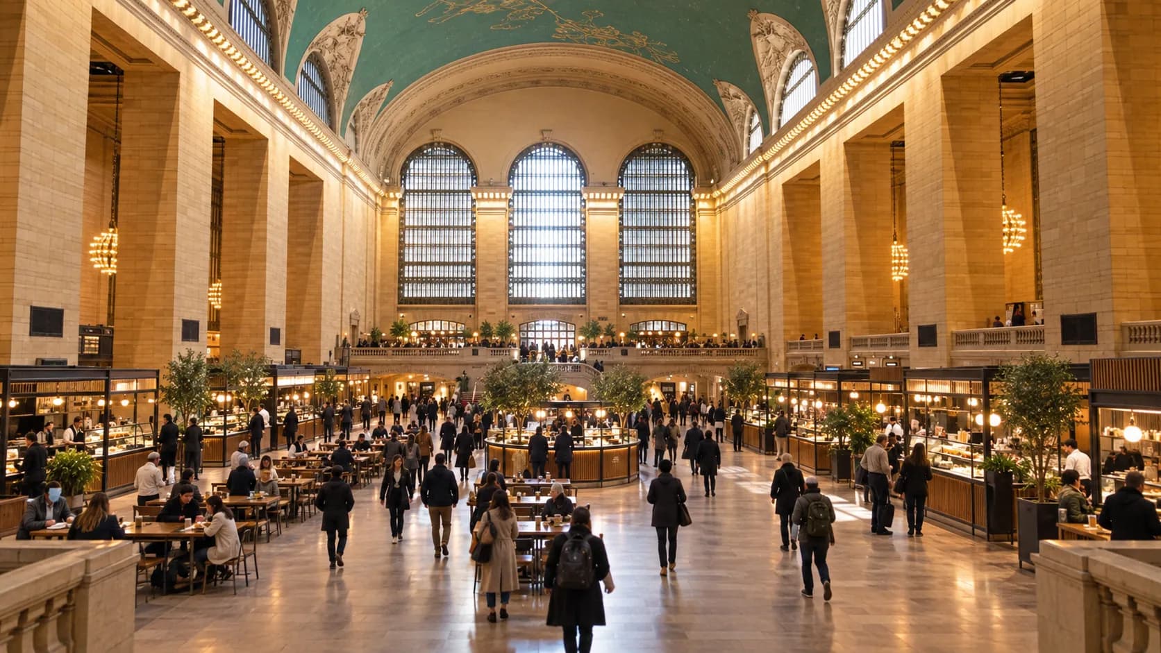 Vanderbilt Market interior with compact food counters, communal tables, pale surfaces, warm wood and commuters crossing the central aisle.
