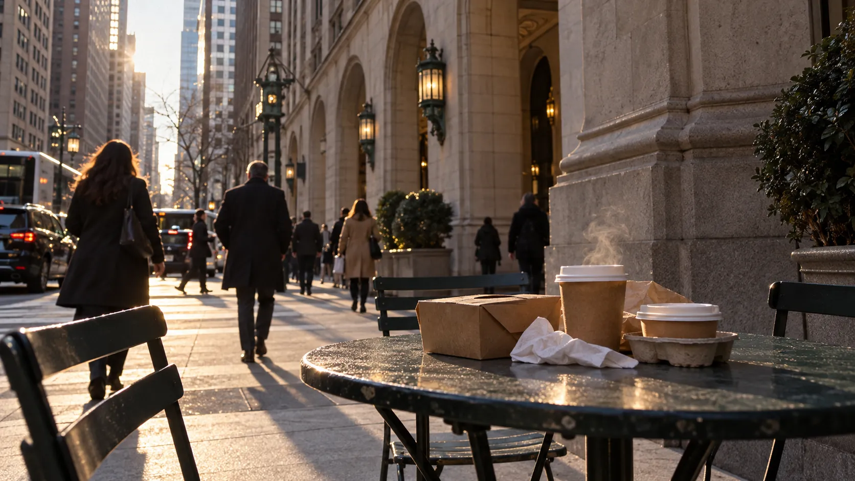 Outdoor table with takeaway containers at Park Avenue and 45th Street, set against the Helmsley Building’s stone arcade in late-afternoon traffic.
