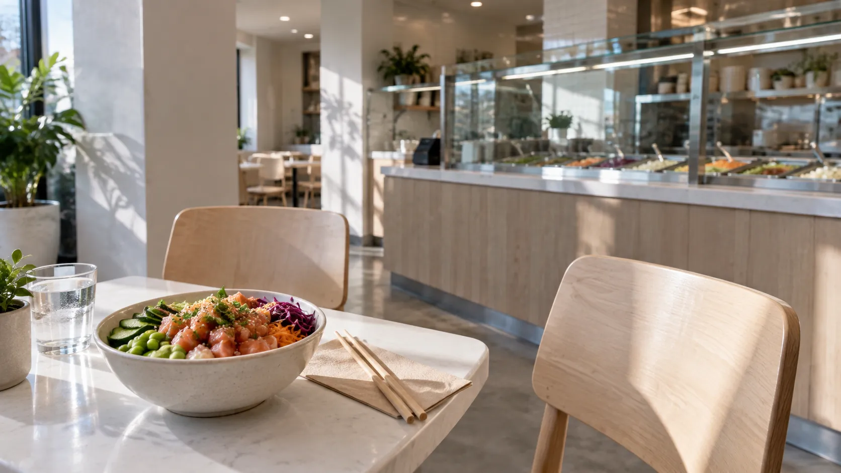 Bright clean dining room with a colourful poke bowl on a small table, light chairs, pale surfaces and cool overhead illumination