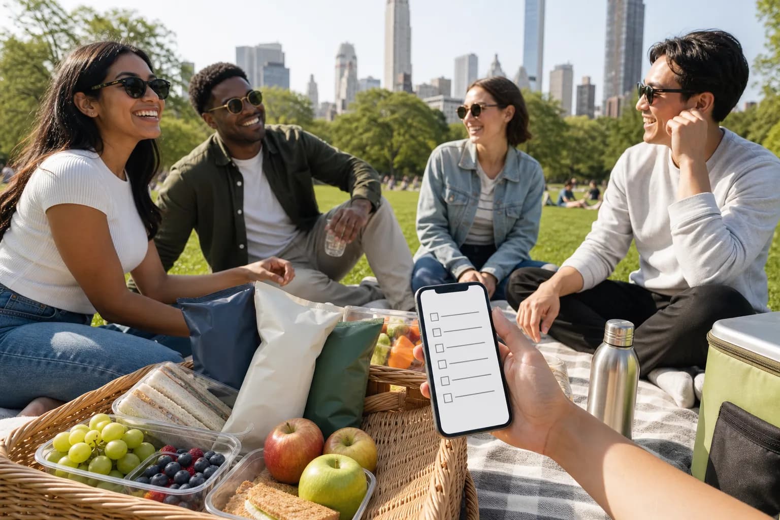 Unbranded NYC park picnic snack check in bright daylight