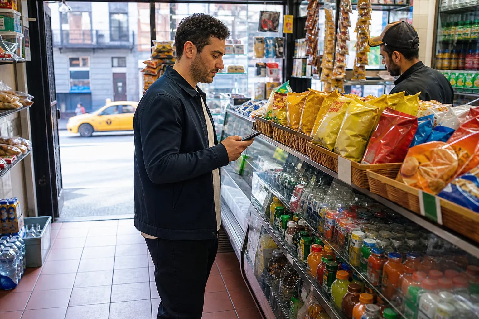 Neighborhood deli snack run with a phone checklist