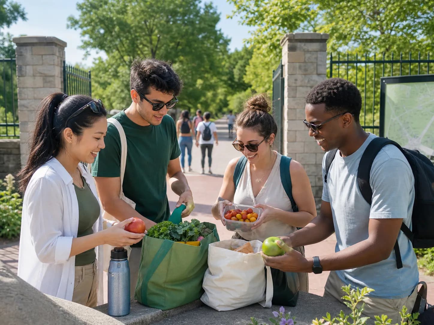 Friends organizing picnic snacks near a park entrance