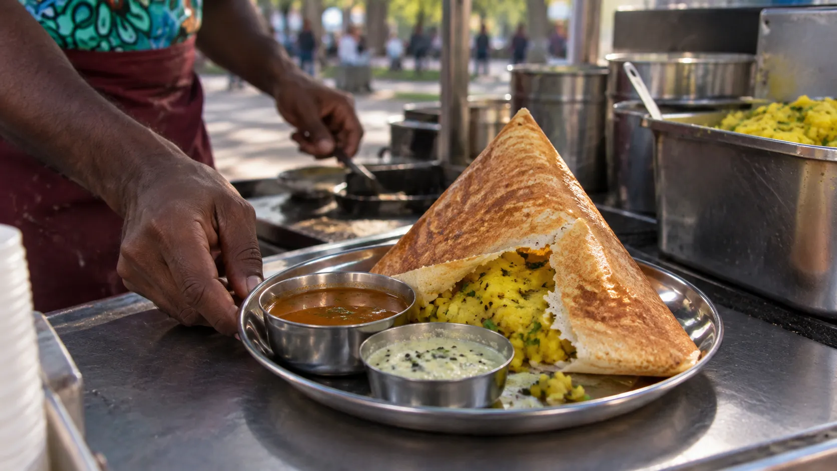 Triangular golden gunpowder dosa opened around potato masala, with chutney and sambar bowls catching cool evening light.