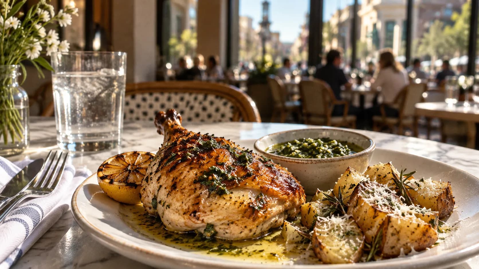 JW Pollo al Forno with green salsa verde and rosemary-pecorino potatoes on a table, while Barbuto’s dining room softens in the background.