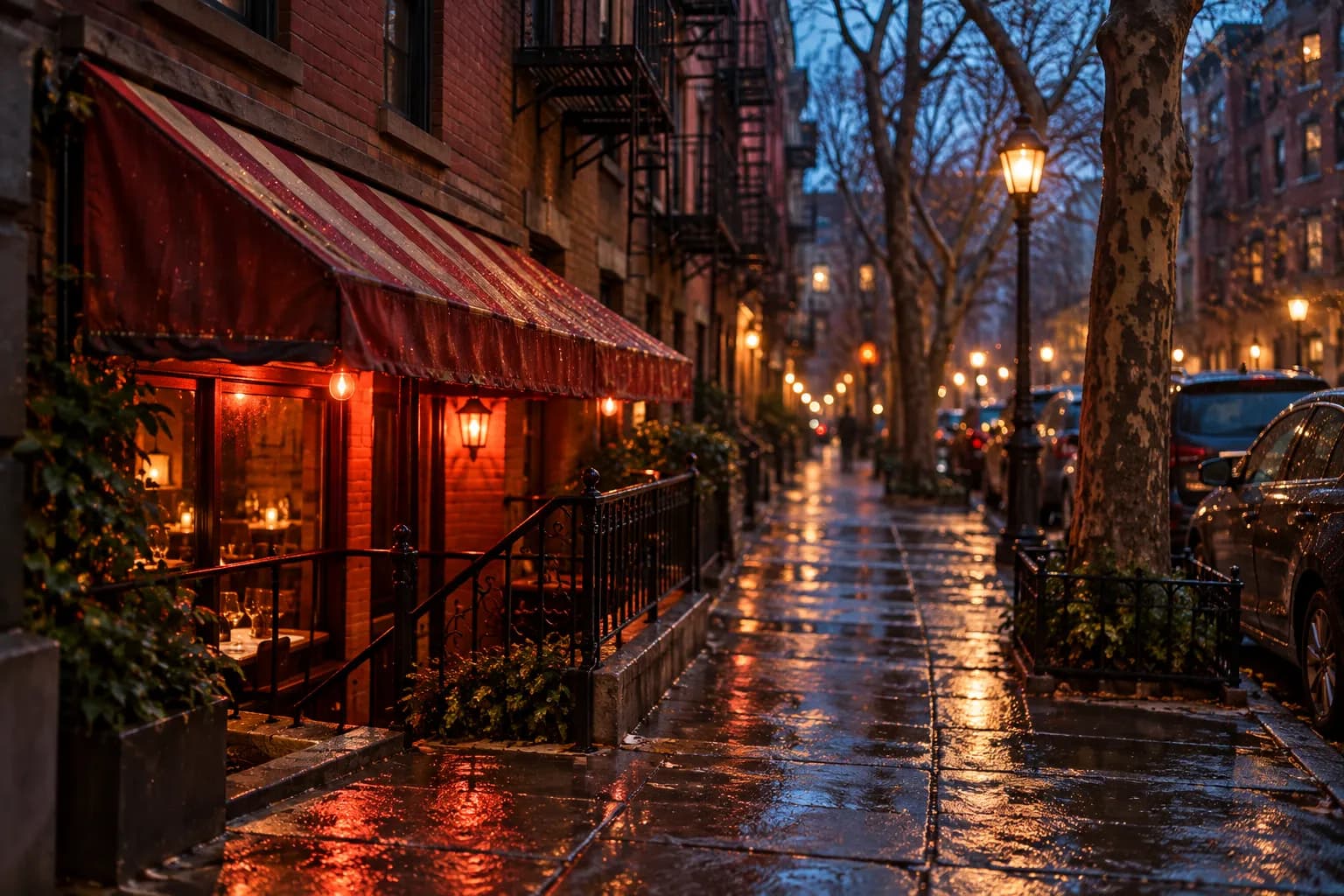 A narrow Greenwich Village street at night with warm light spilling from a restaurant awning