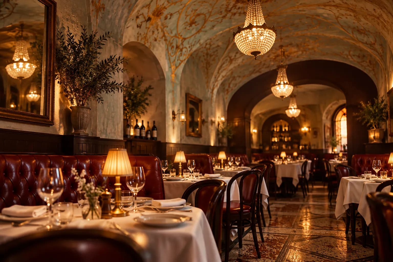 A dim Italian-American dining room with red banquettes and tables set for service