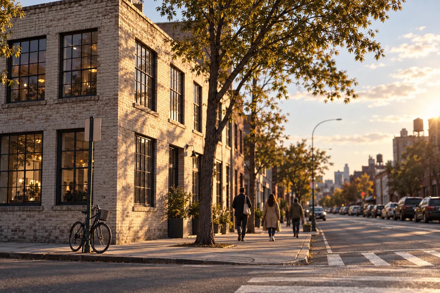A low brick corner building on a Brooklyn avenue in late afternoon light