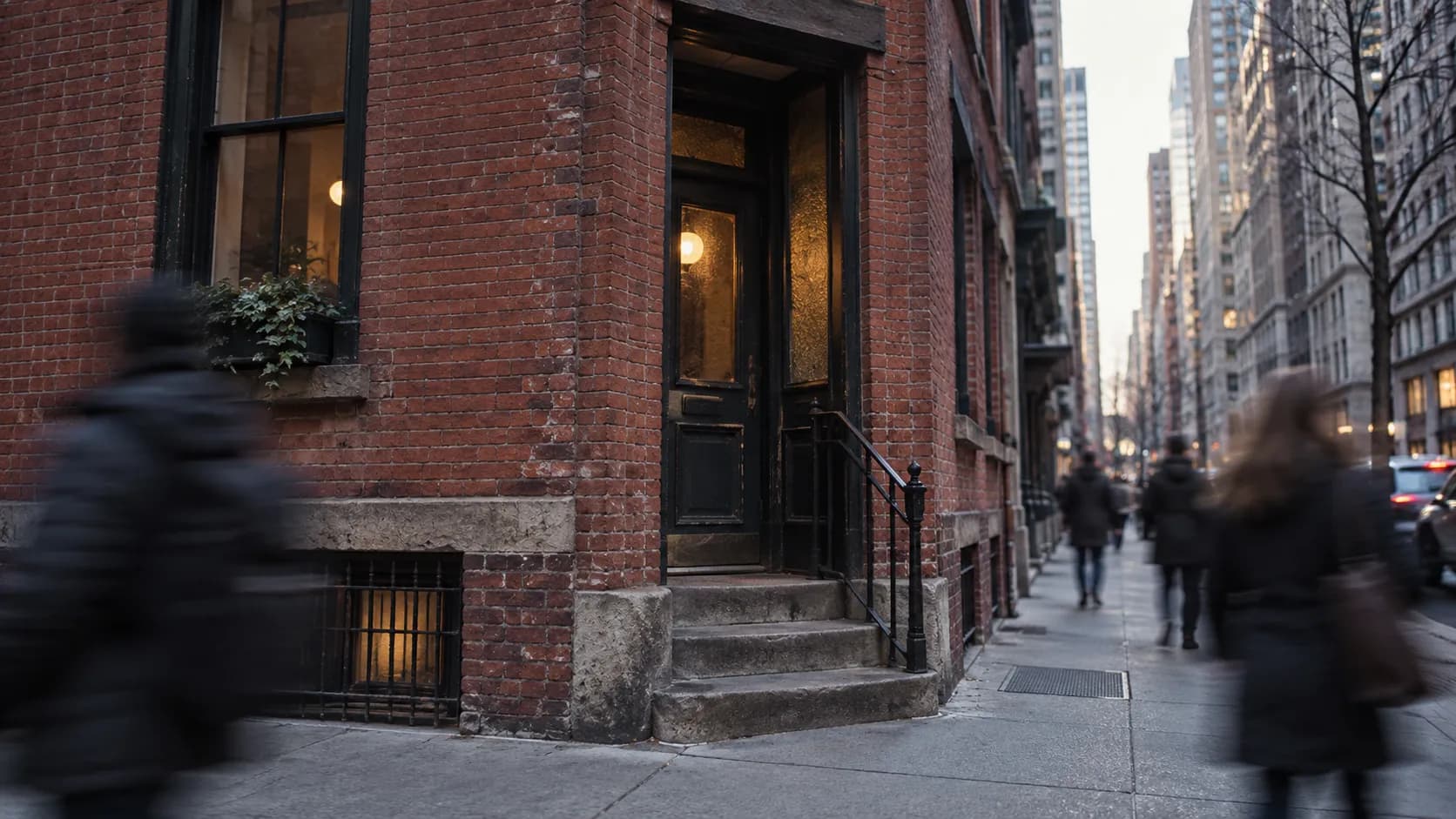 A narrow red-brick corner entrance viewed from across the sidewalk in cool late-afternoon light, pedestrians blurred, compact historic facade framed by Midtown's taller buildings.