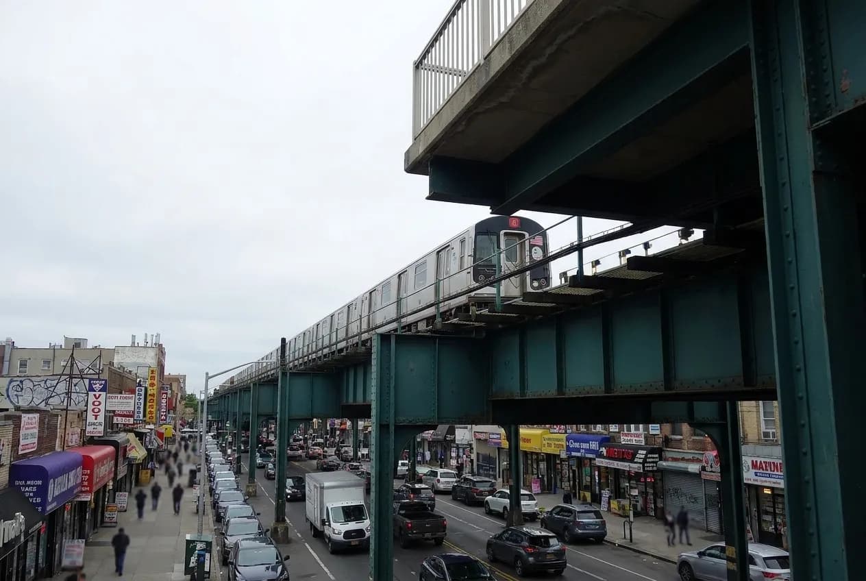 Elevated subway tracks running above a busy commercial avenue in Queens