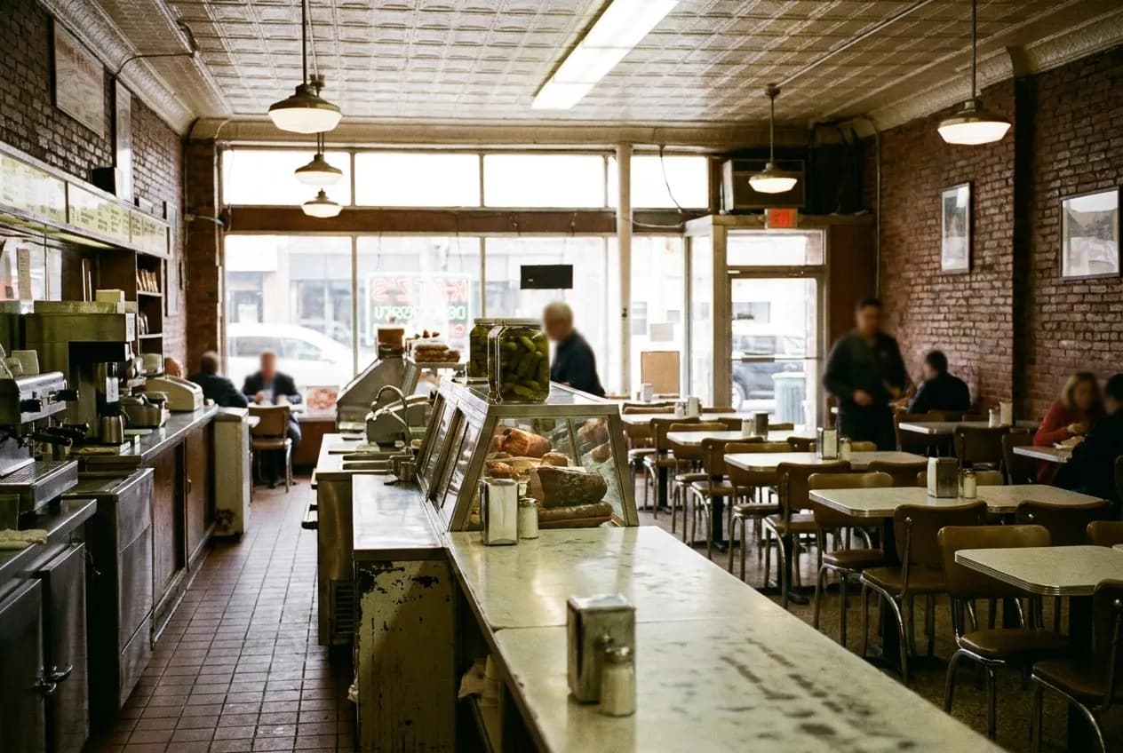 Long counter and formica tables inside an old New York delicatessen