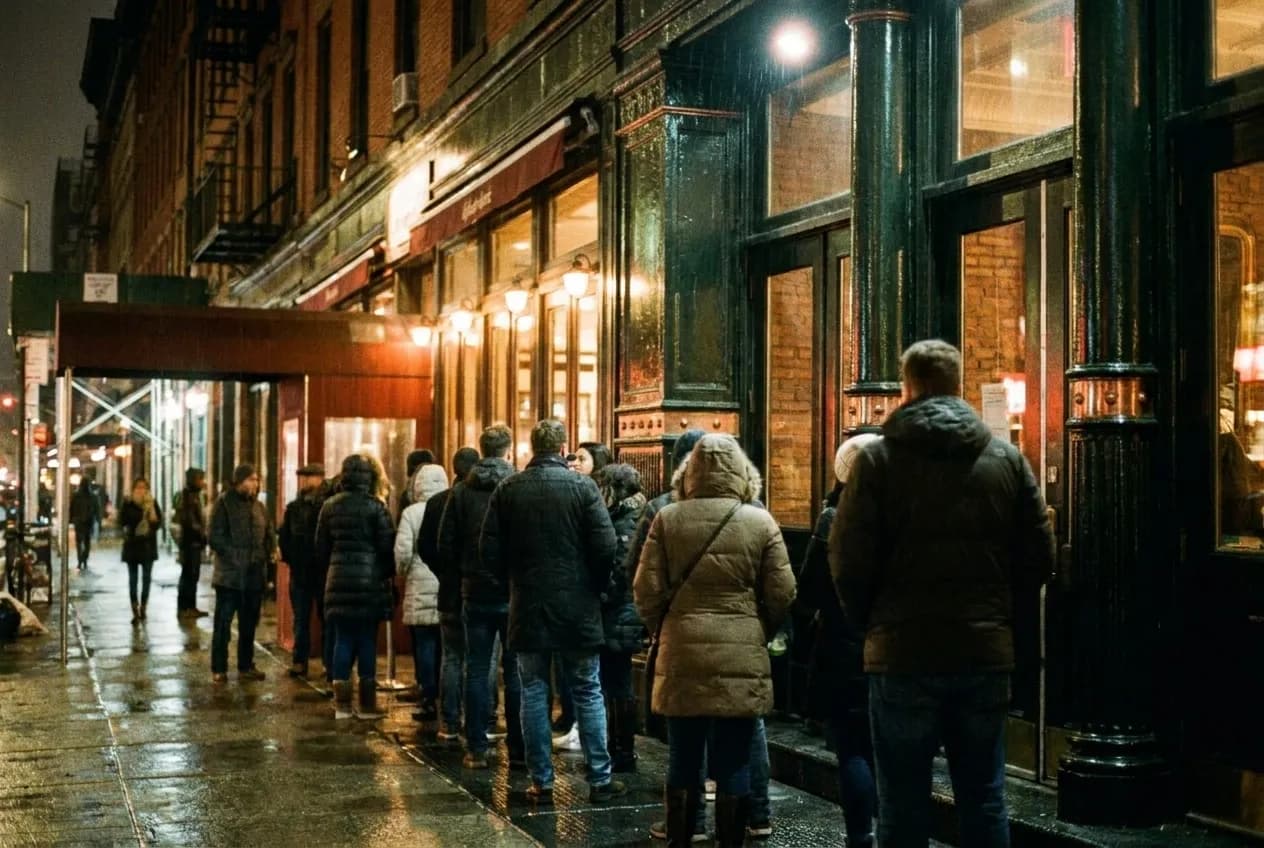 People waiting on a New York sidewalk outside a busy restaurant at night