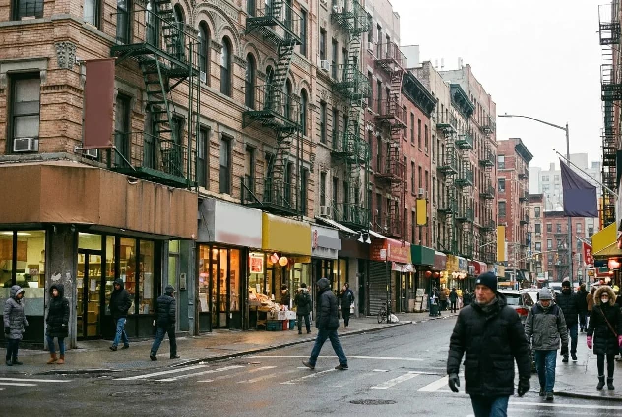 A Chinatown block trading normally on a cold afternoon when much of the city is shut