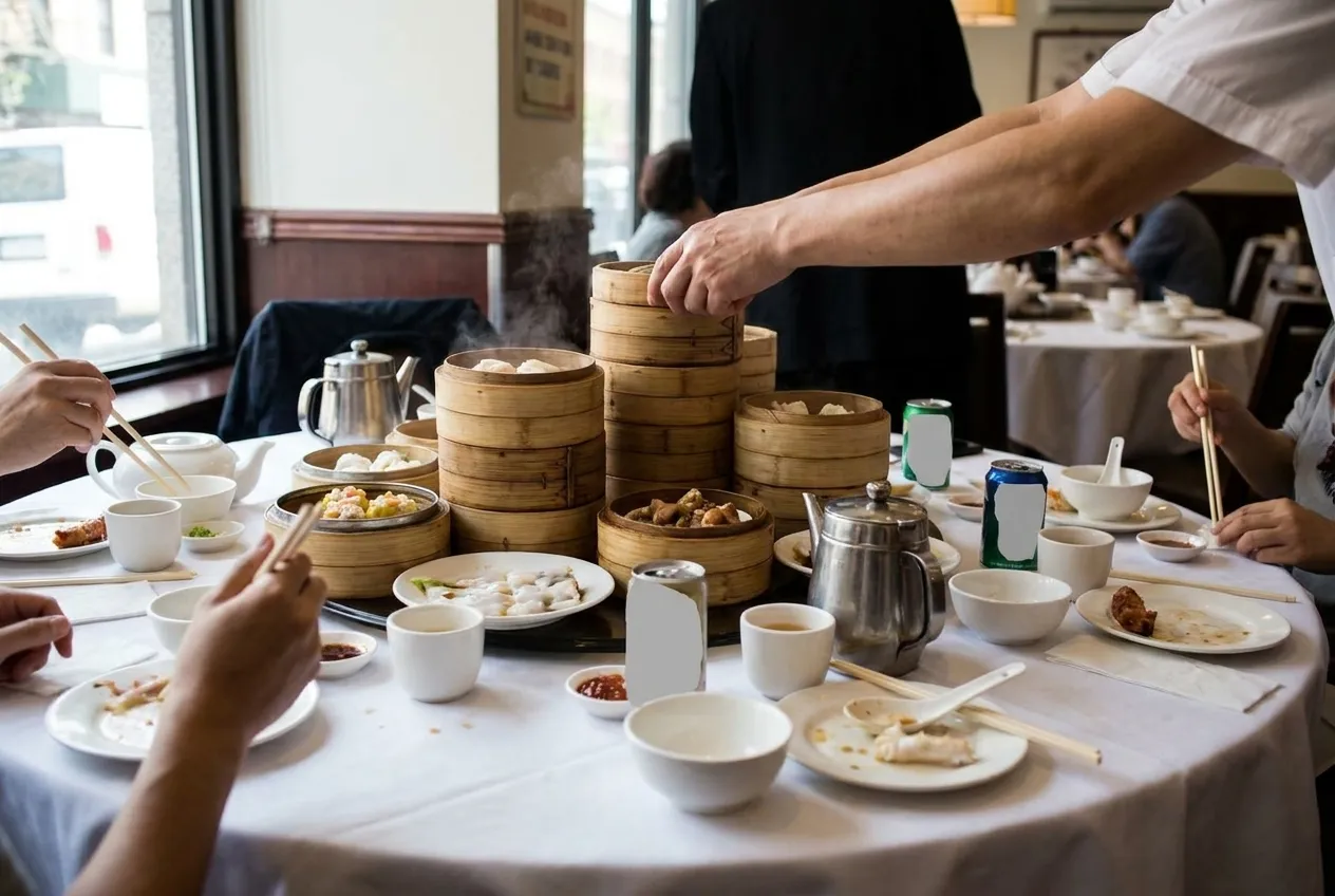 Stacked steamer baskets landing on a round table mid-service