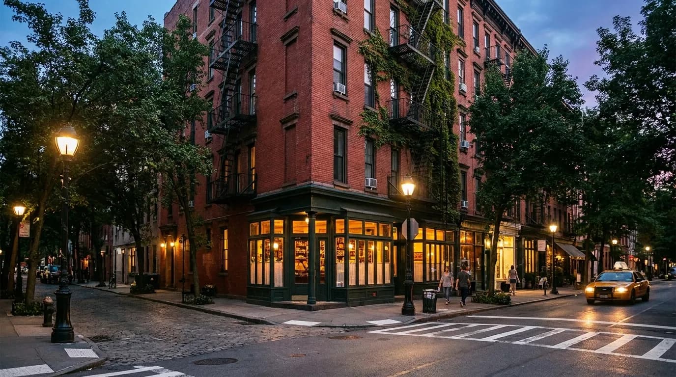 A quiet West Village corner at dusk with warm restaurant light spilling onto cobblestones