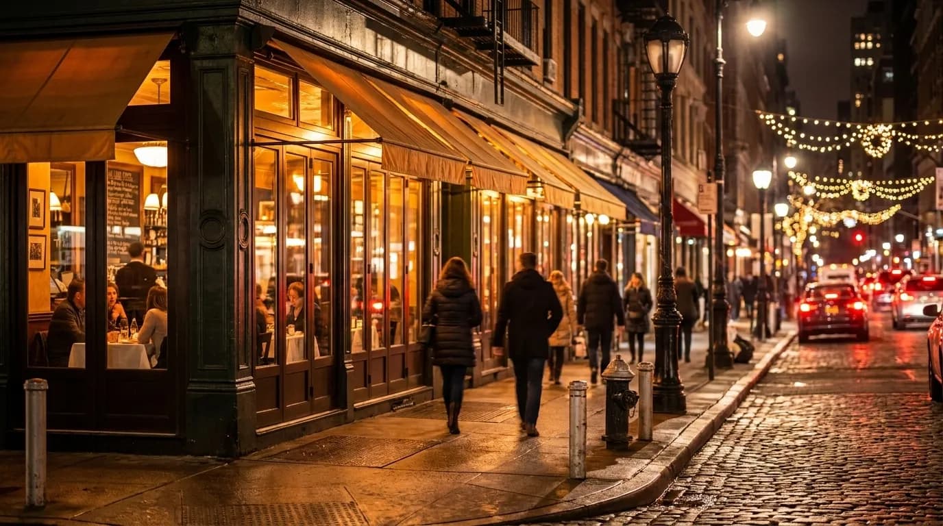 Midtown Manhattan restaurant facades lit up at night