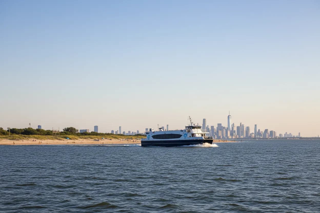 A NYC ferry heading toward Rockaway Beach