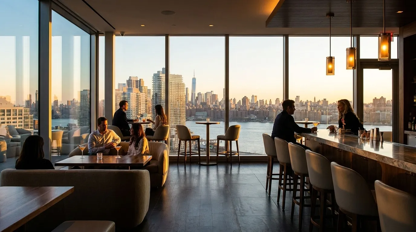 Westlight rooftop bar interior with floor-to-ceiling windows overlooking Manhattan skyline