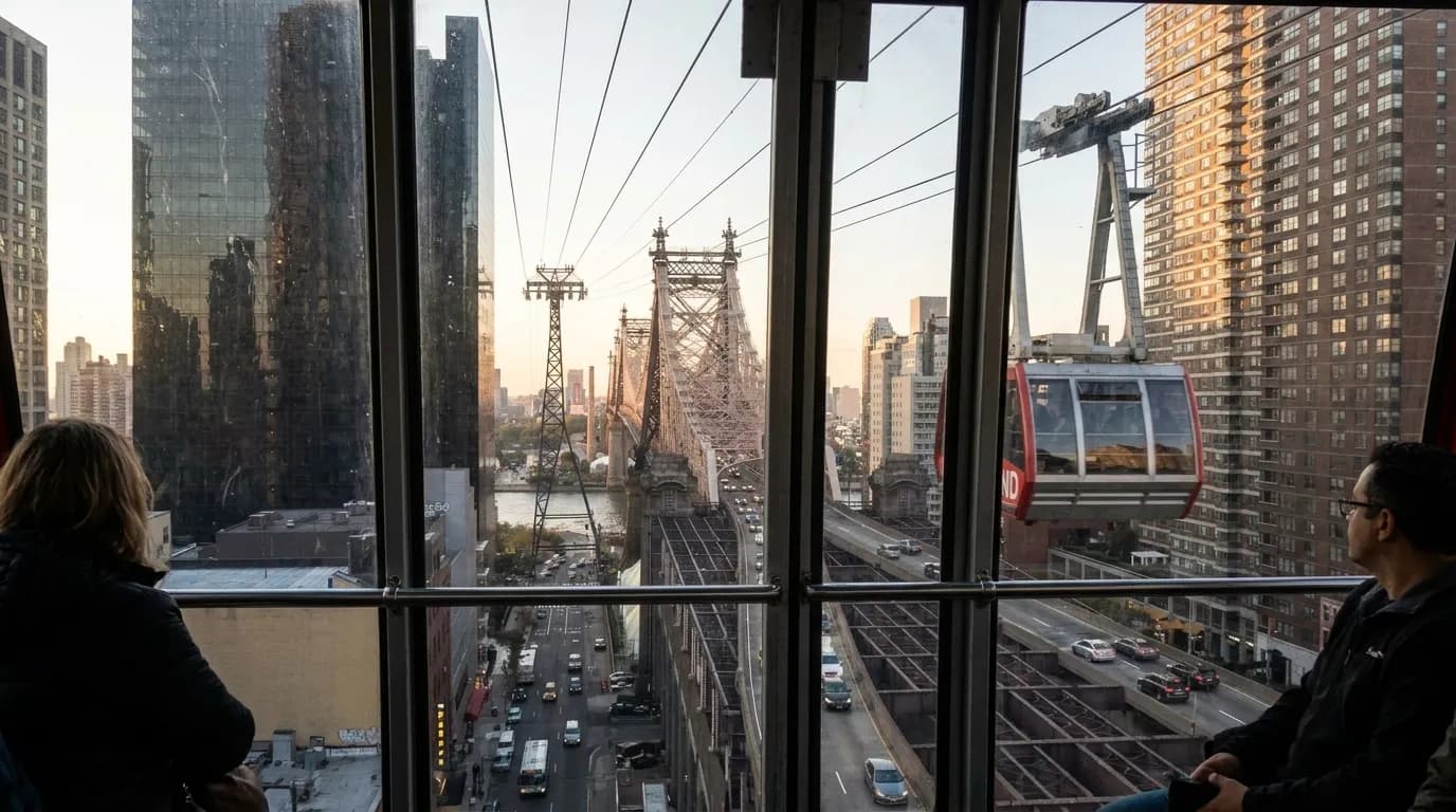 Roosevelt Island aerial tramway cabin crossing the East River with Manhattan skyline
