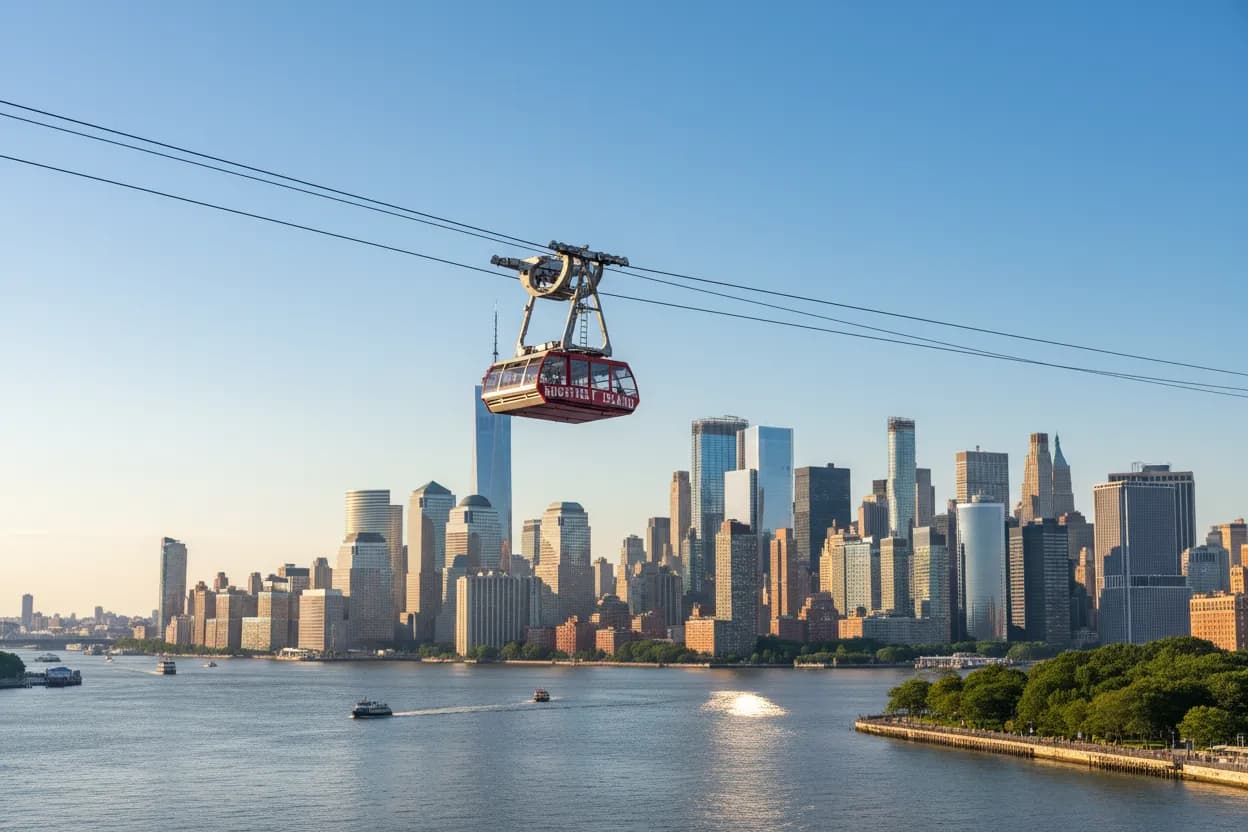 An aerial tram over the East River toward Manhattan