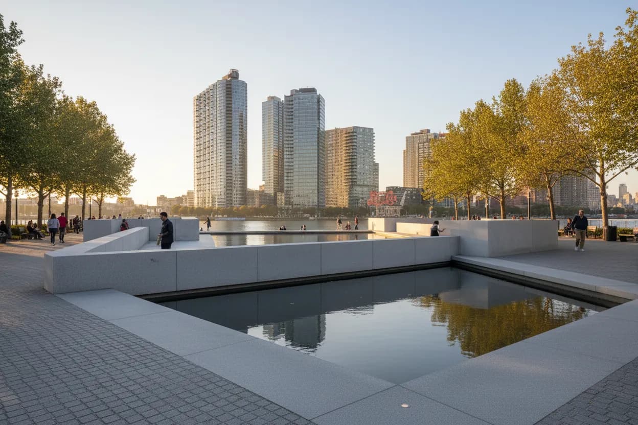 A serene granite memorial park framing the skyline