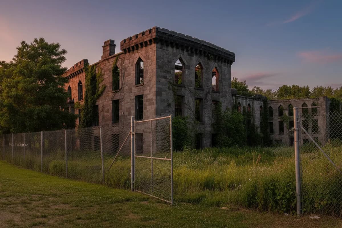 Gothic stone hospital ruins by the water at dusk
