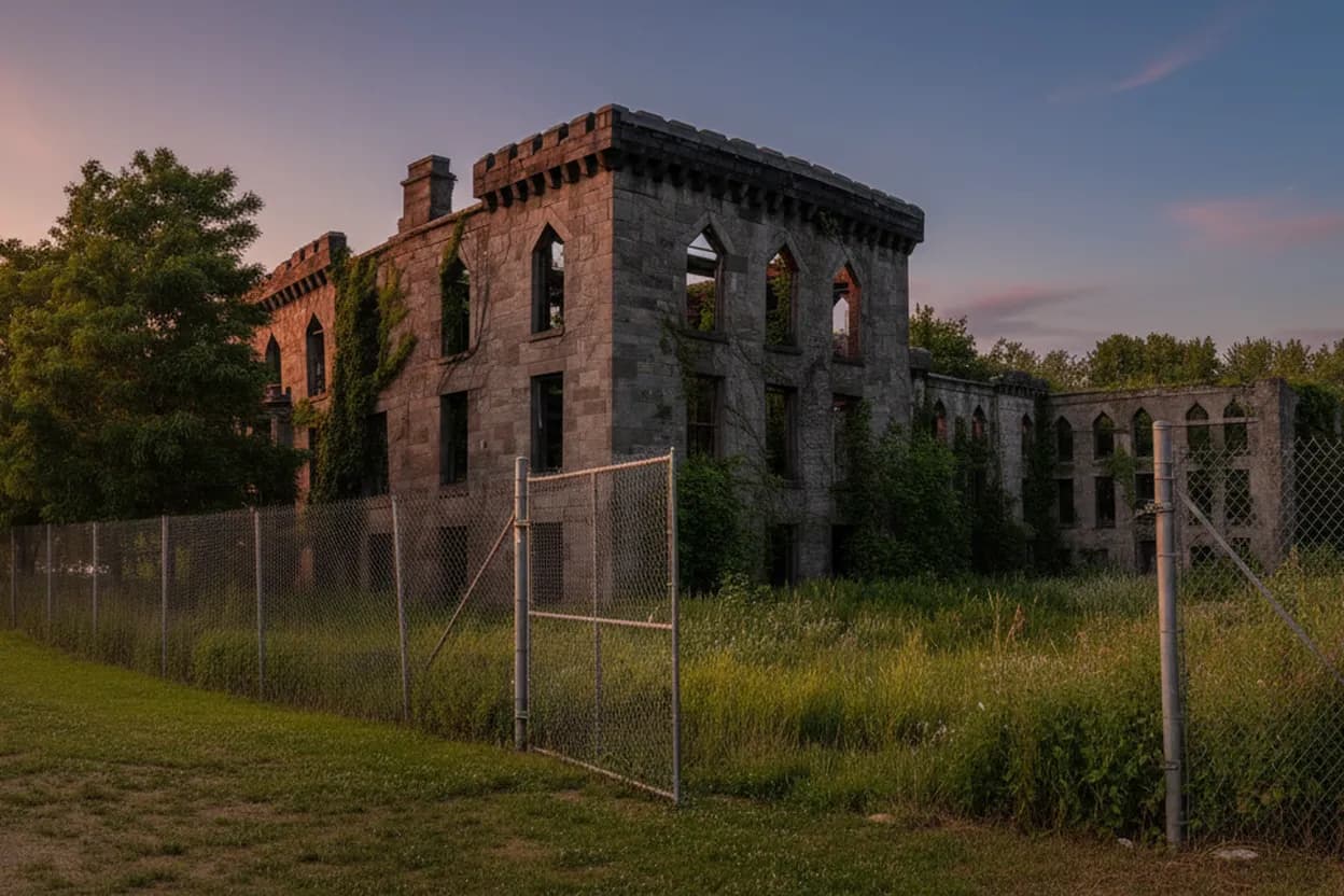 Gothic stone hospital ruins by the water at dusk