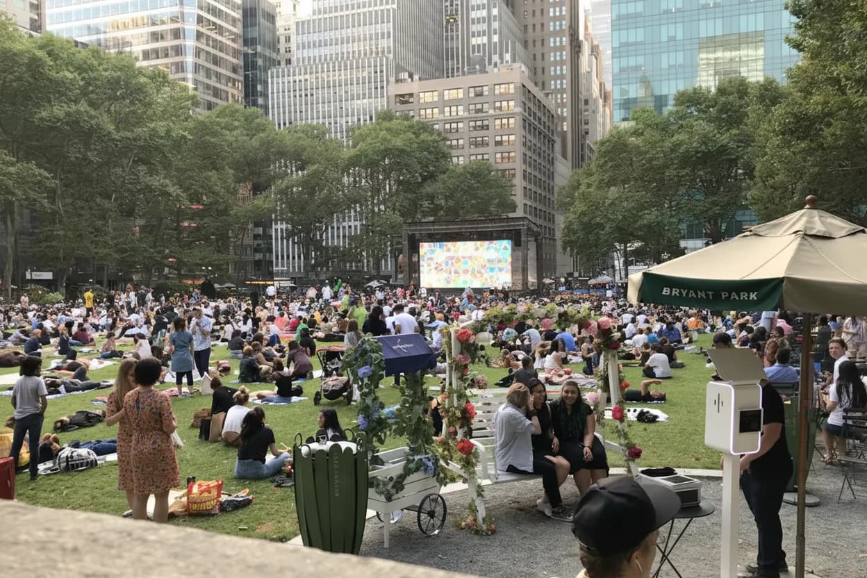 Bryant Park-style outdoor movie setup for a free NYC plan