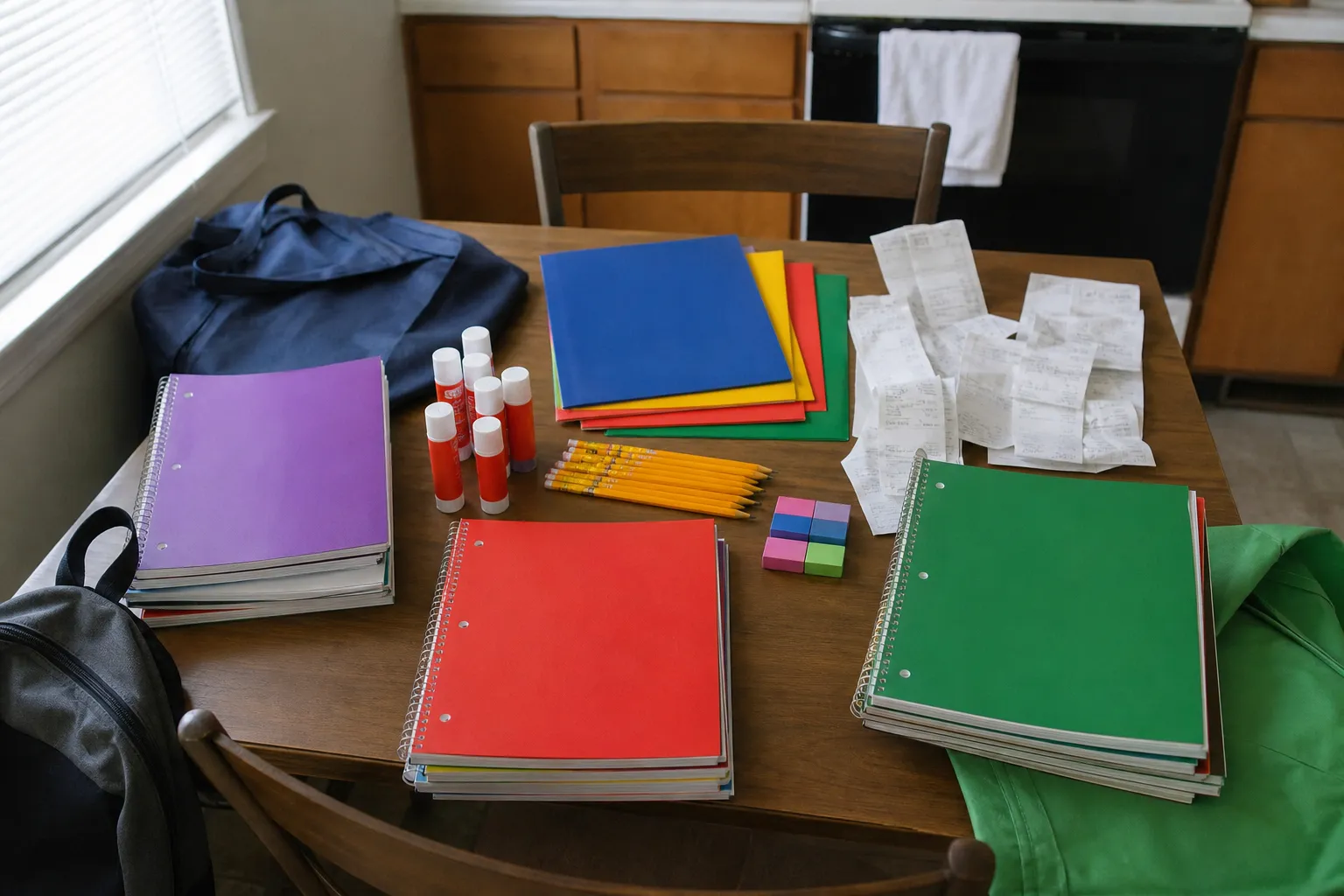 Budget school supplies sorted on a kitchen table