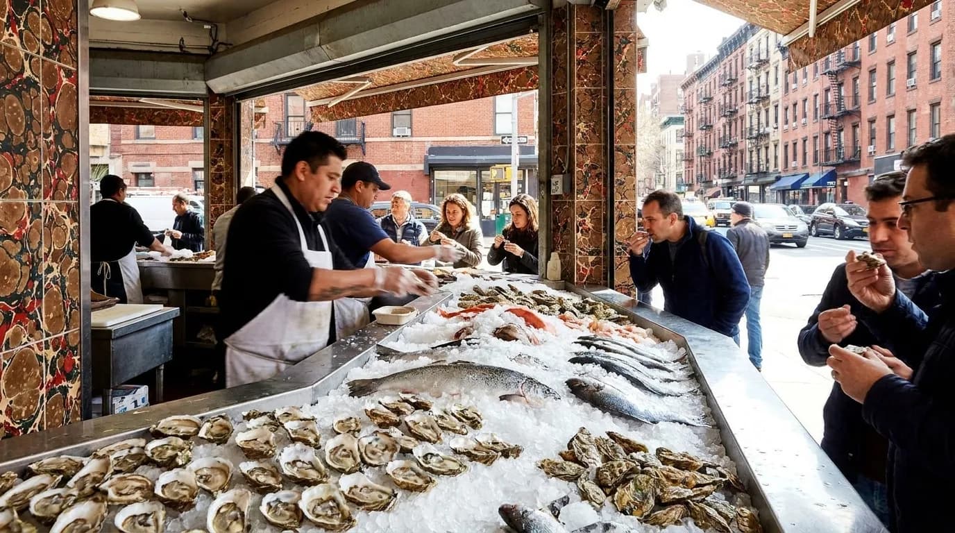Fresh seafood displayed on ice at a market counter in New York City