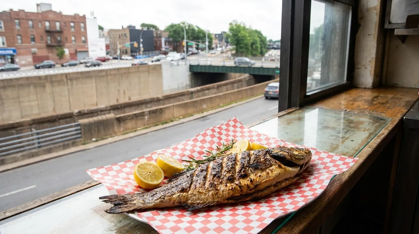 Whole grilled fish with charred skin served on checkered paper with lemon wedges