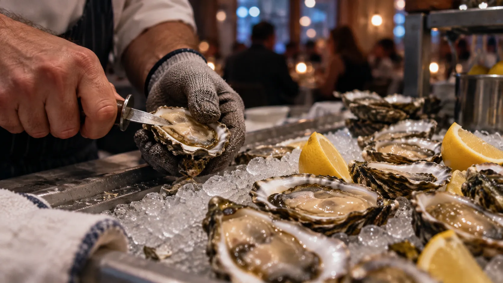 Close low-angle raw-bar view with crushed ice, open oyster shells, lemon wedges and shucker’s hands, dining room softly blurred behind.