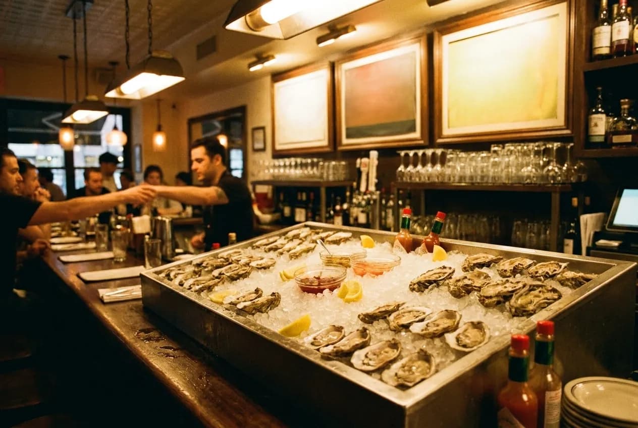 A tray of shucked oysters on crushed ice under the lamps of a raw bar