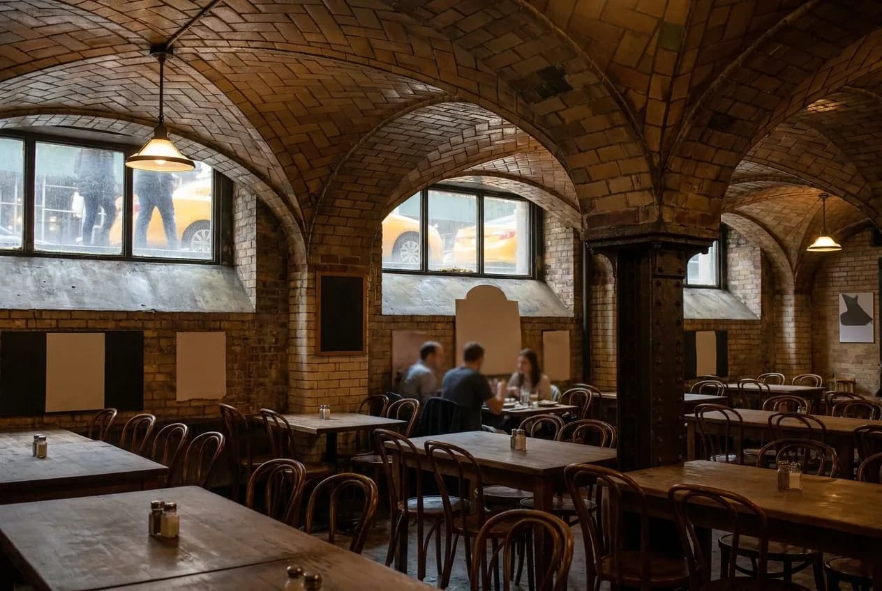 Tiled vaults arching over a low-ceilinged dining hall below street level