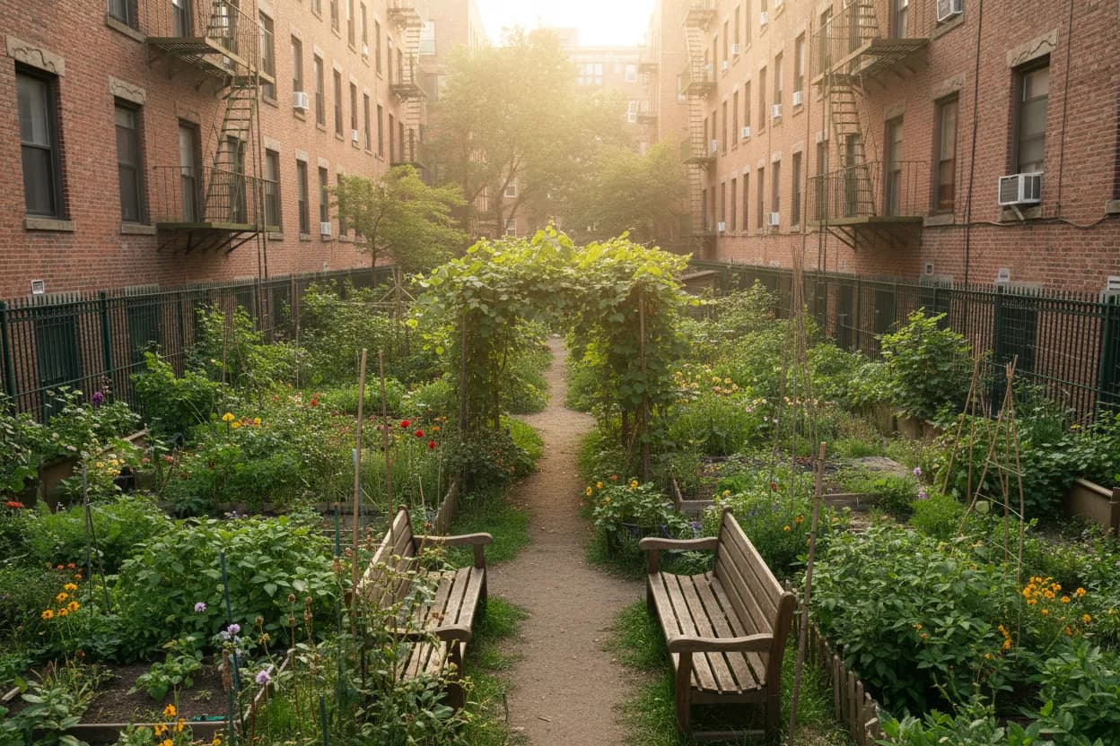 A lush hidden community garden between NYC buildings