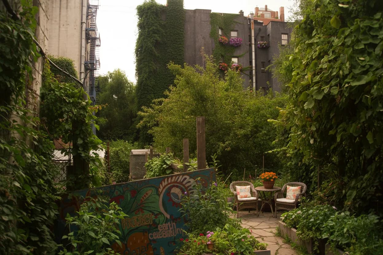 A quiet green urban garden nook in NYC