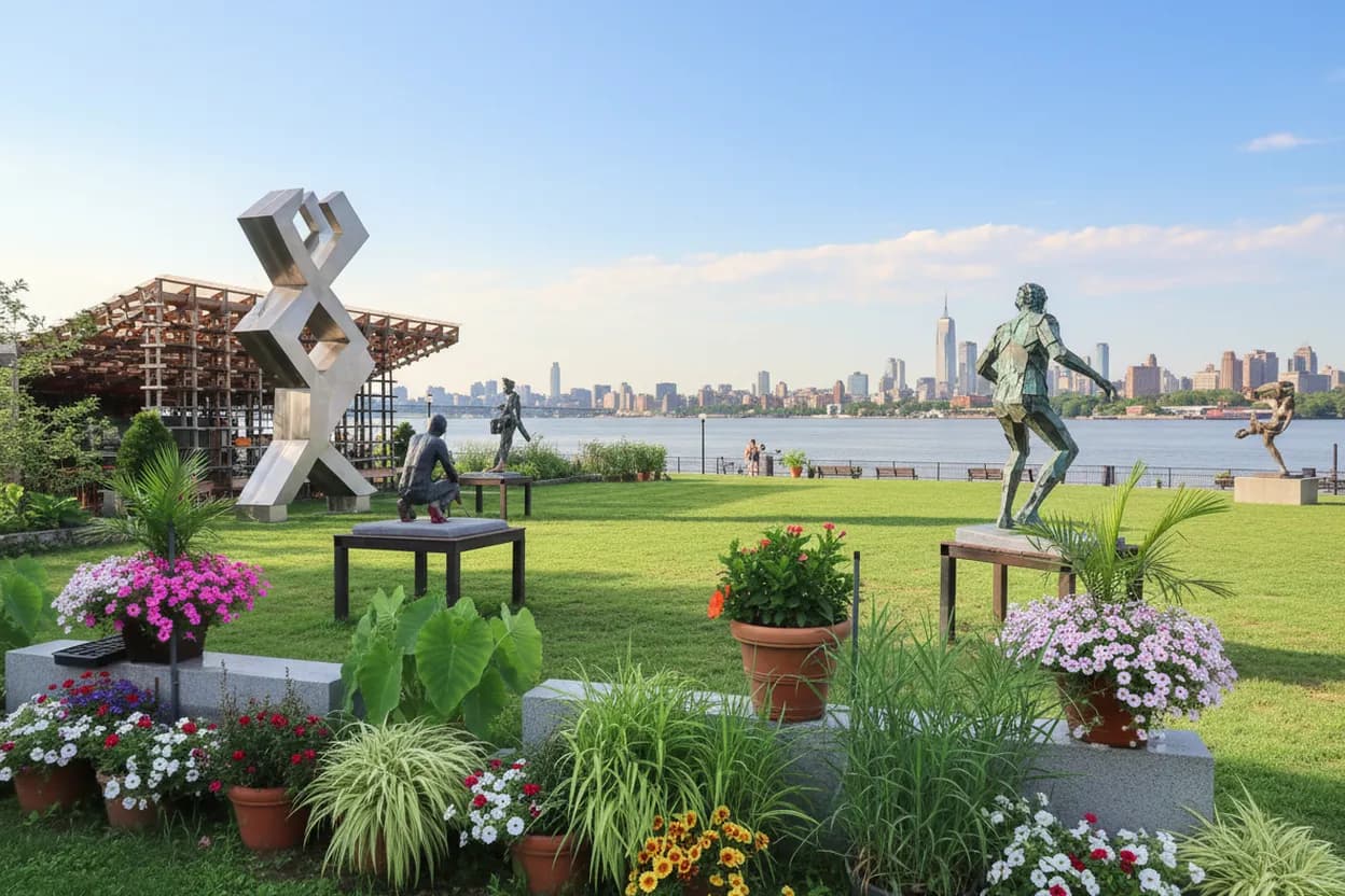 Large outdoor sculptures in a riverside park