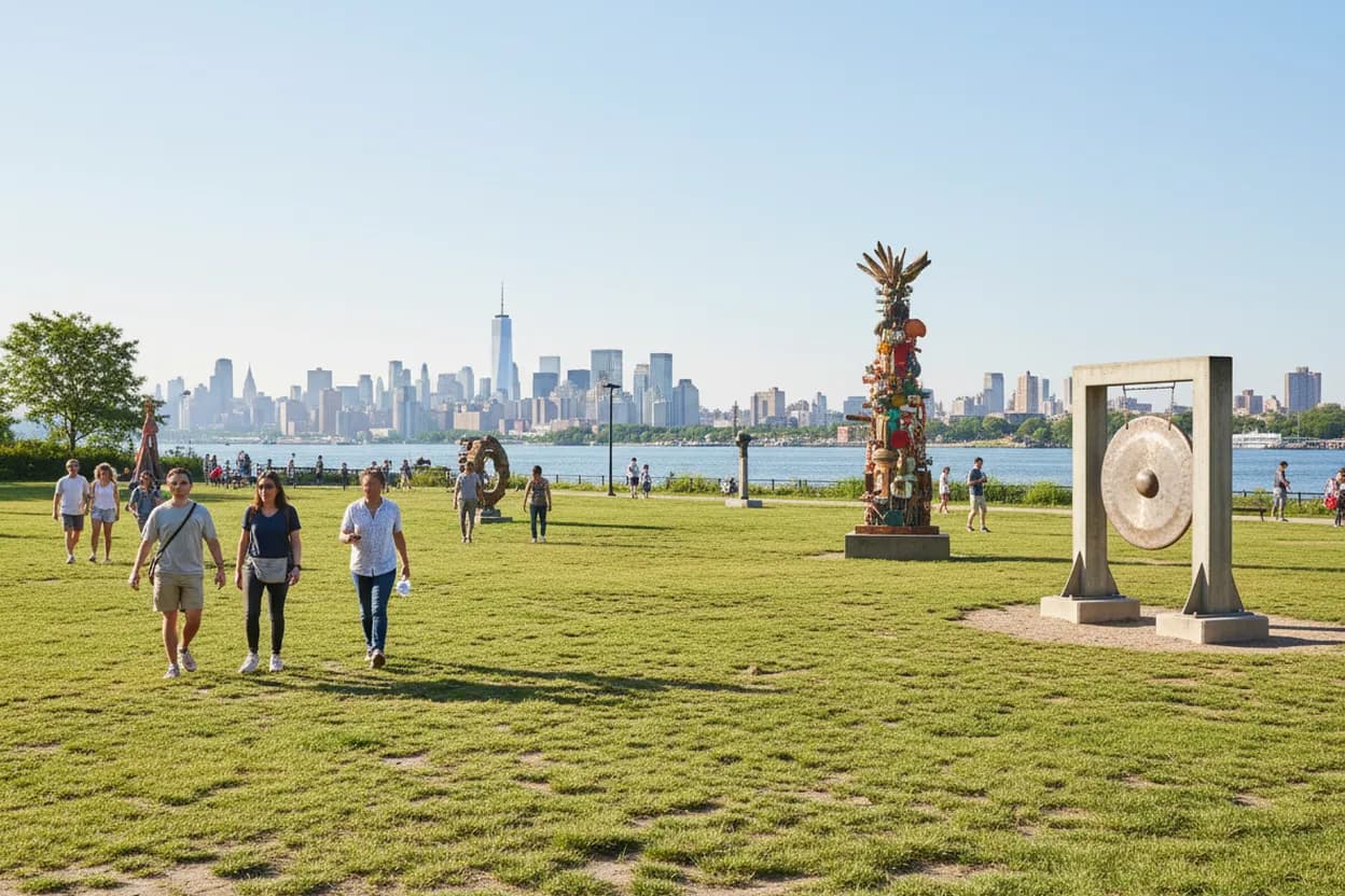 Visitors among contemporary sculptures on a waterfront lawn