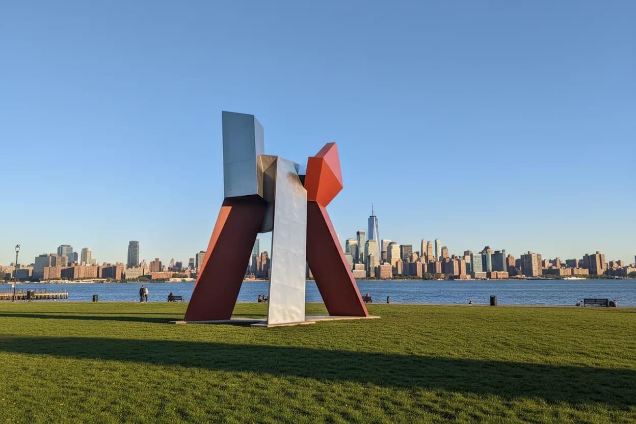 A bold geometric sculpture on a waterfront park lawn