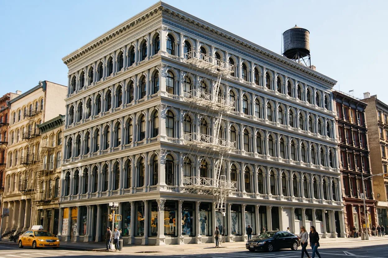 A grand historic cast-iron commercial building