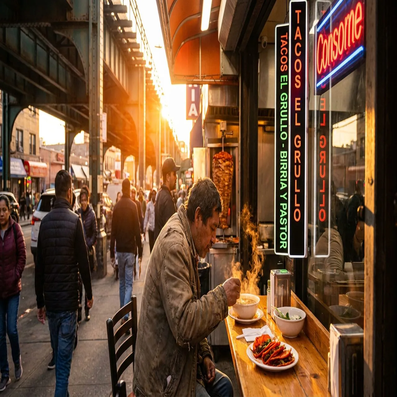 Solo diner at a taqueria counter in Jackson Heights, NYC, with the elevated 7 train overhead